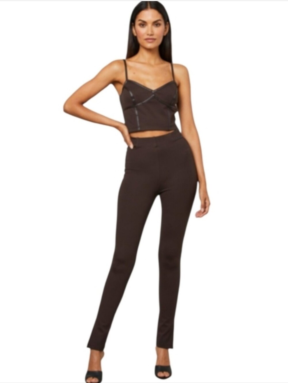 BCBGMaxazria Chocolate Cami & Pants Set Faux Leather Trim